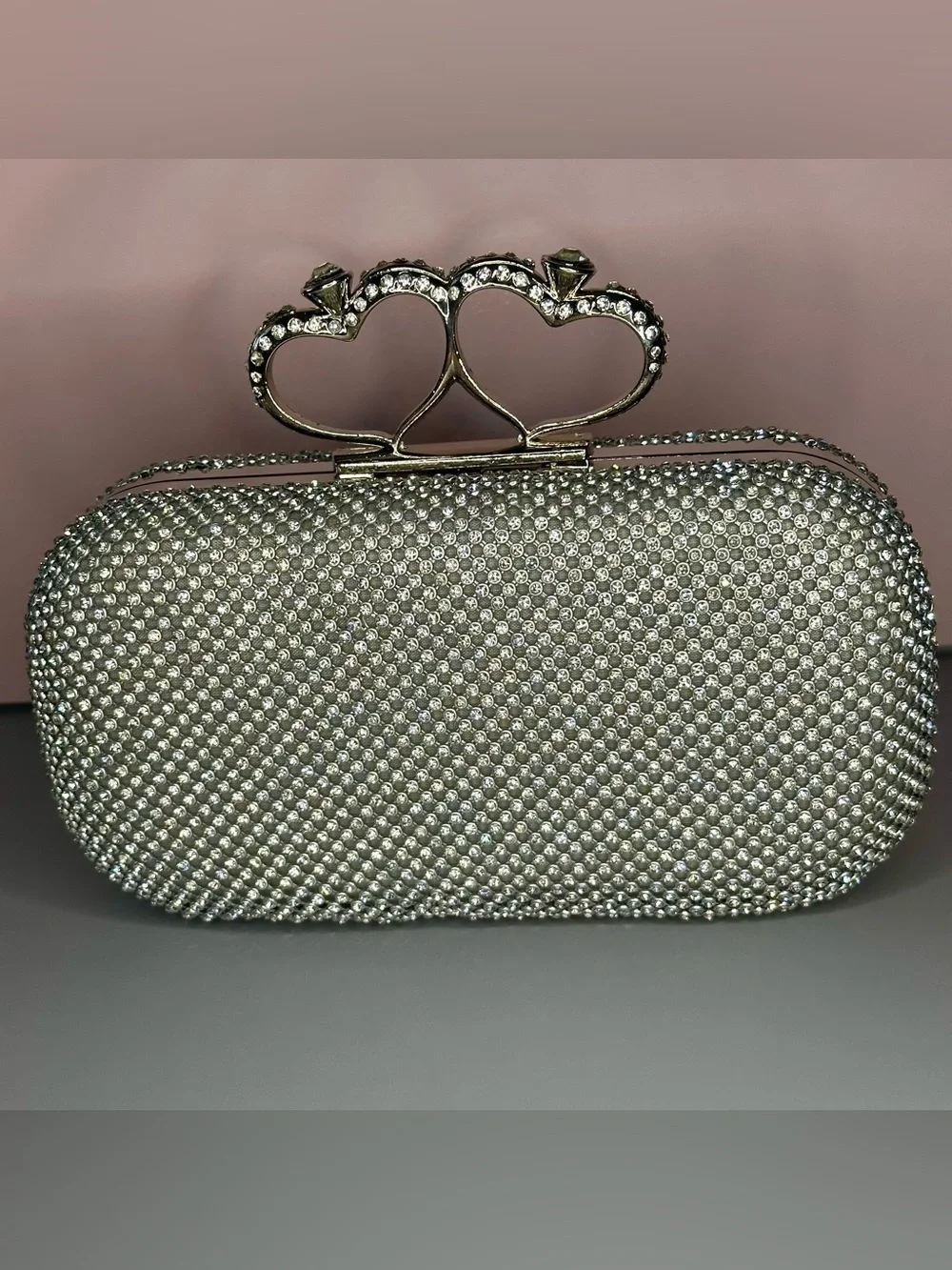 Silver Rhinestone Clutch Heart Clasp Crystal Evening Bag Wedding Prom Formal